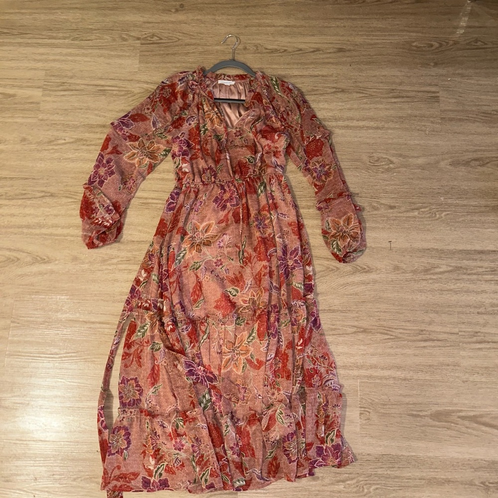 long sleeve floral midi dress with cinched waist and belt